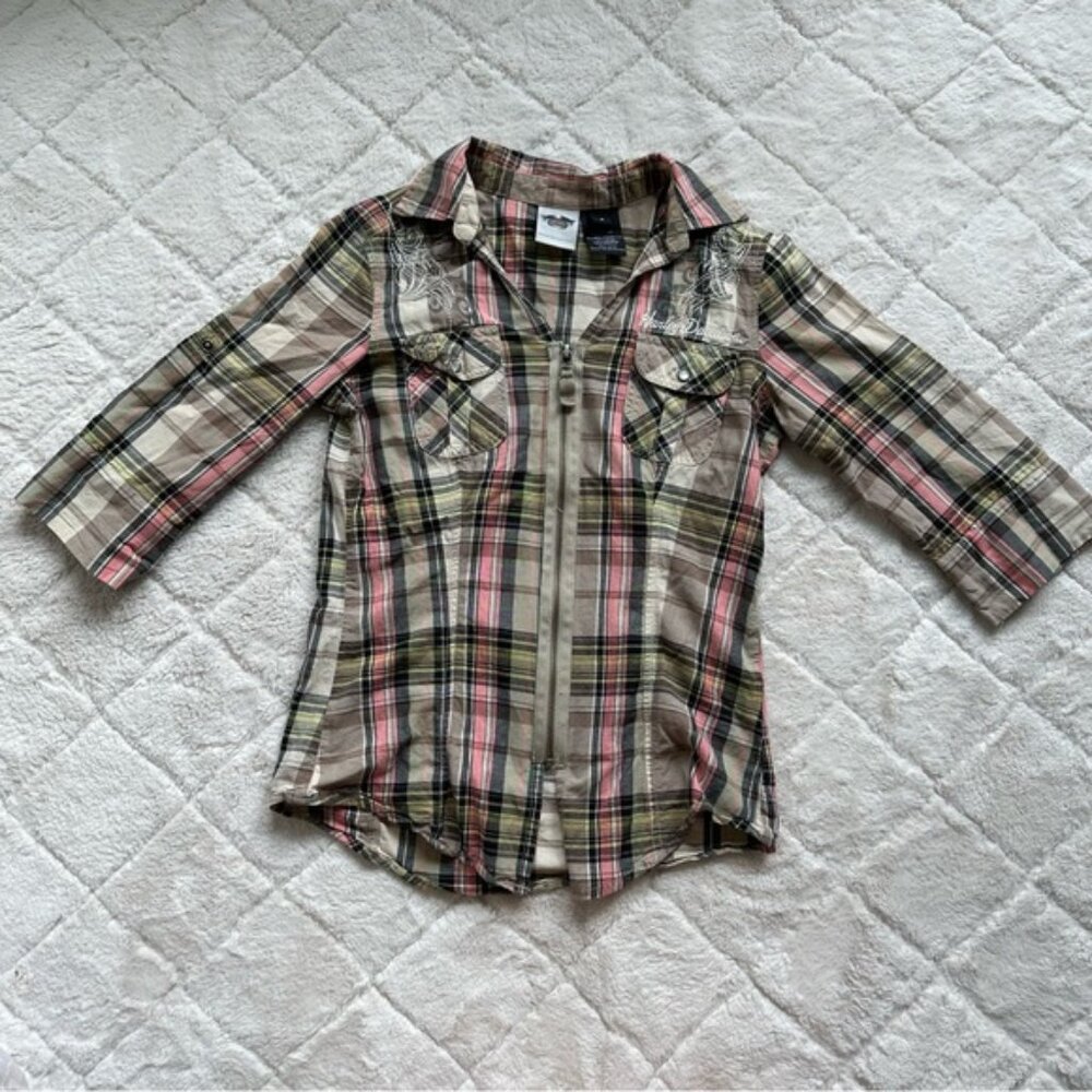 Harley Davidson | Vintage Pink Plaid Embellished Front Zip Shirt | Size Small